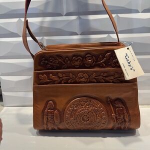 VTG LEATHER HAND TOOLED EMBOSSED MEXICAN HANDBAG AZTEC PATTERN BAG NWT